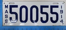 Massachusetts Porcelain License Plate 1914 Tag Enamel #50055 Enamel Near Mint A+