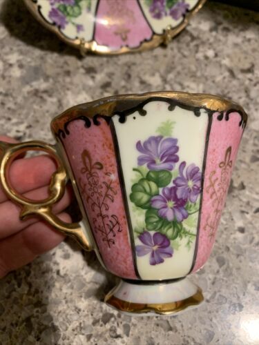 Vintage Royal Sealy Lusterware PINK & Violet Floral Heavy GOLD Trim Cup Saucer - Picture 3 of 10