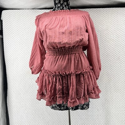 MISA Los Angeles Ruffle Mini Dress Smocked Long Sleeve Tiered Pink XS