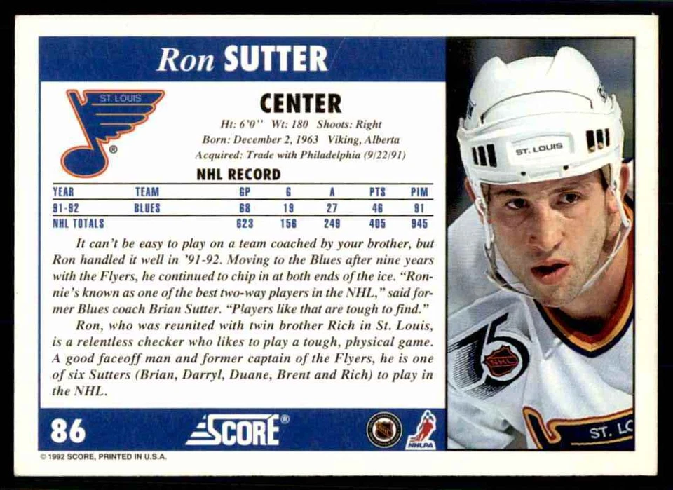 1992-93 Score Ron Sutter #86 - Image 2 of 2