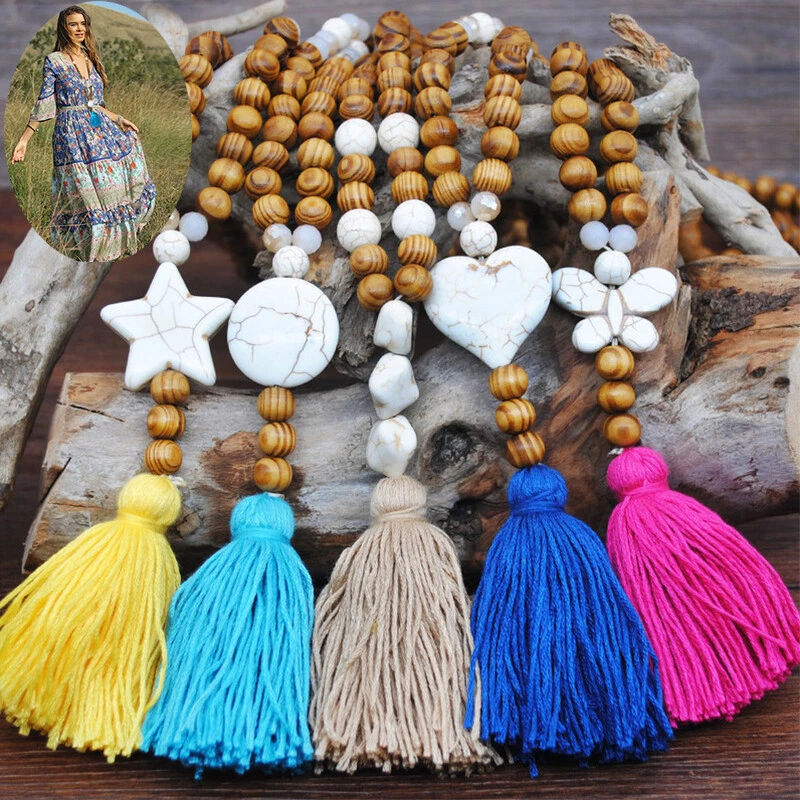Bohemian Necklace Sweater Tassel Pendant Chain Long Wooden Beaded