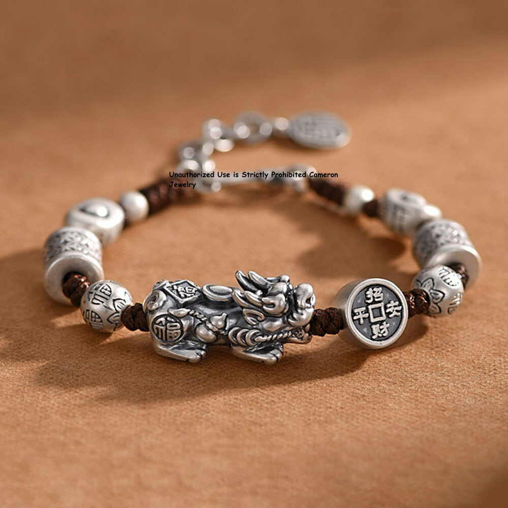 龍王石ブレスレット Pure S999 Fine Silver 999 Men Women Wealth Dragon Pixiu Bead