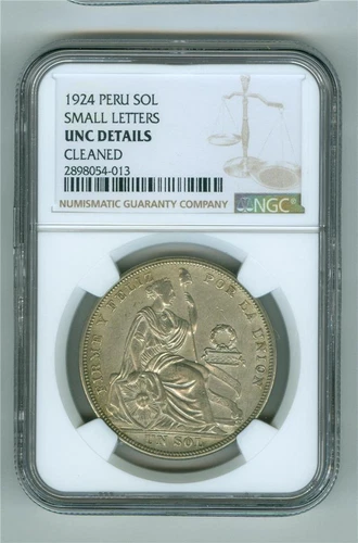 PERU 1924 UN SOL SMALL LETTERS NGC UNC DETAILS CLEANED