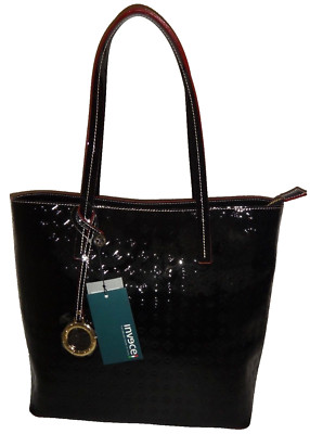 INVOCE Women's Zip Tote Shoulder Bag Black Embossed Patent Leather MADE IN ITALY