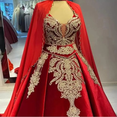 Red Velvet Ball Wedding Dresses with Cape Gold Lace Applique Bridal Gowns - Bild 4 von 10