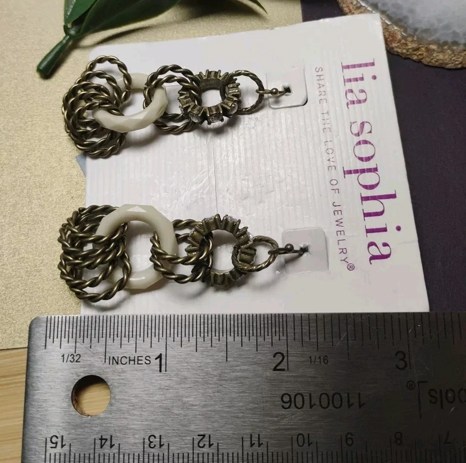 Diseñador LIA SOPHIA "Frenesí" Antiguo Tono Dorado Lazos en Pendientes de Tarjeta Originales! Foto 3 de 4