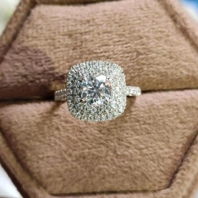 2.12Ctw Cushion Cut Moissanite Double Halo Engagement Ring 14K White Gold Plated