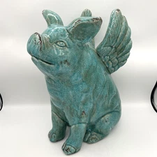 Large Turquoise Blue Ceramic Sitting Winged Flying Pig Figurine Statue