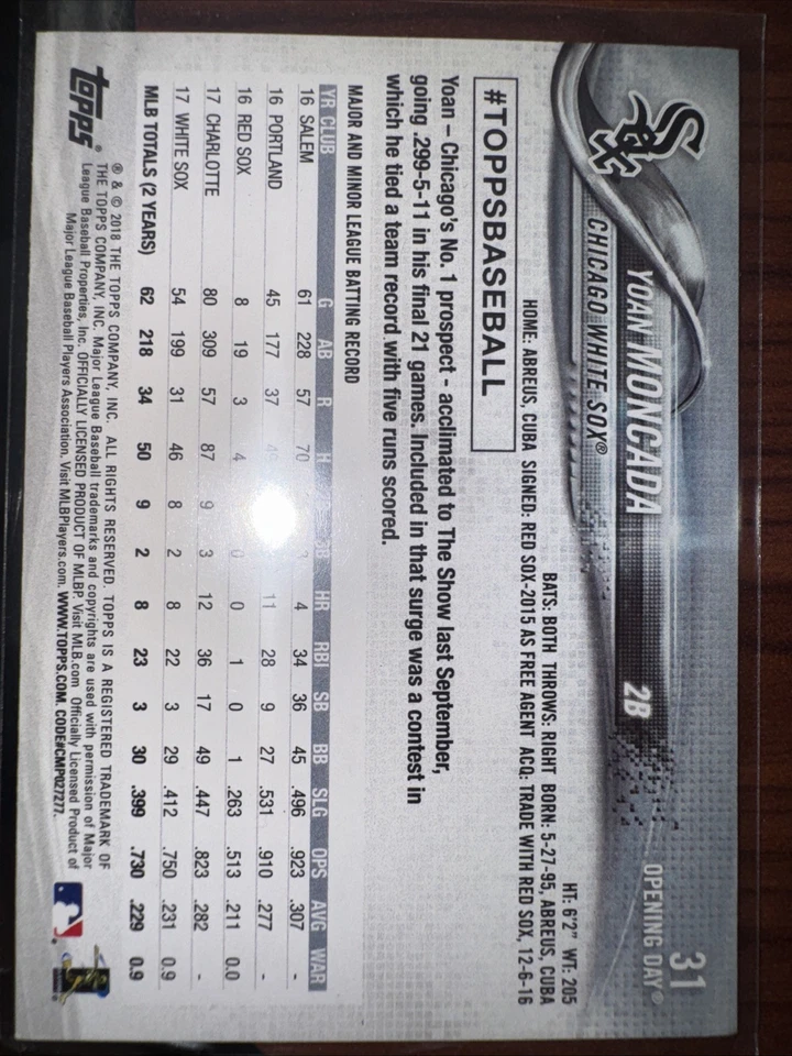 AUTOGRAFIADO COLECCIONABLE 2018 Topps Opening Day - Yoan Moncada #31 Foto 2 de 3