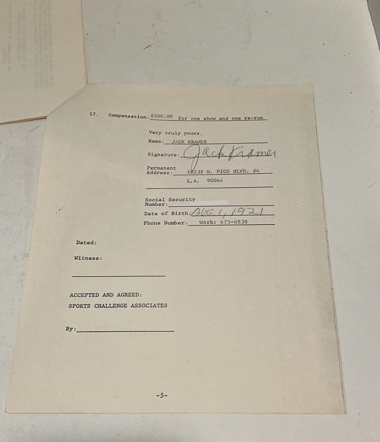 Jack Kramer Hand Signed 5 page Contract Autographed (PSA/DNA Letter) Tennis HOF - Image 4 of 4