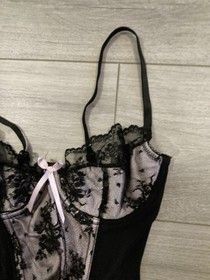 Ann Summers Black & Light Pink Satin Lace & Mesh Suspender Basque Size 36B