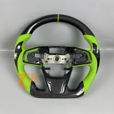 Custom Black Carbon Fiber Green Leather Steering Wheel for 2016-2021 Honda Civic