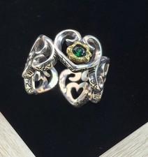 S925 Sterling Silver Vintage Style Green Gemstone  Gold Accent Adjustable Ring