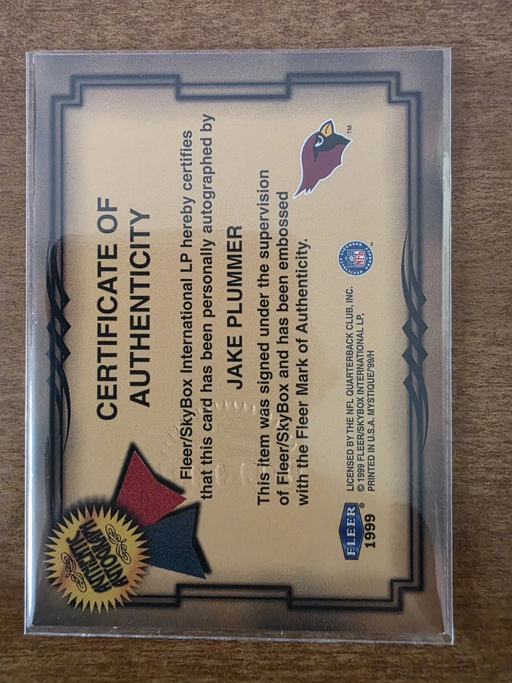 Fleer Mystique 1999 tinta fresca Jake Plummer/300 Auto Cardinals numerado a mano Foto 2 de 2
