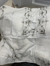 Vintage Ecru Linen Cutwork Hand Embroidered Tablecloth  9 Napkin Set 56  x84  