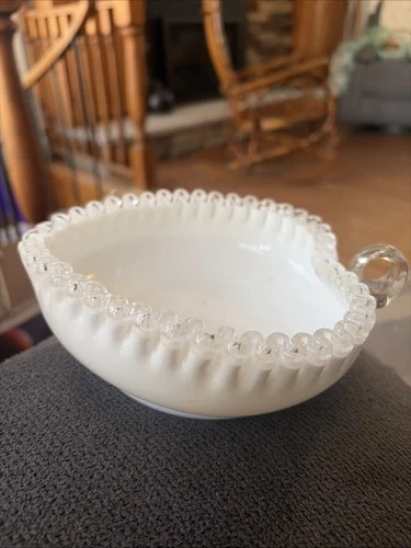 Vintage Fenton Silver Crest Milk Glass Heart Shaped Ruffled Edge Dish