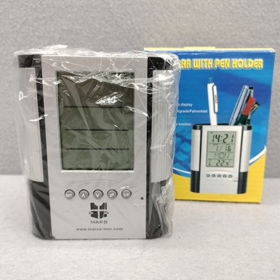 Desktop Alarm Clock Digital Room Temperature Storage Box Pen Holder Organizer