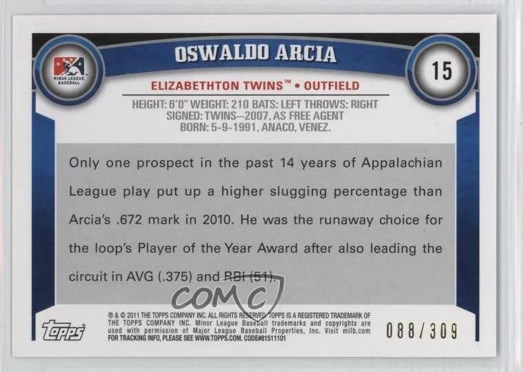 2011 Topps Pro Debut Blue /309 Oswaldo Arcia #15 - Image 2 of 2
