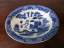 Vintage Blue Willow Japan Oval Serving Platter 12.75" Crazed Glaze 1940s-50s