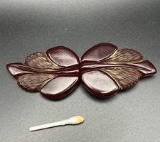 VTG 1940  s Deep Brown Maroon Bakelite Carved Leaves 2 Piece Belt Buckle