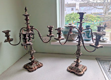 PAIR HEAVY ORNATE  ANTIQUE SILVER PLATED ON COPPER CANDELABRAS  19 X 17 INCH