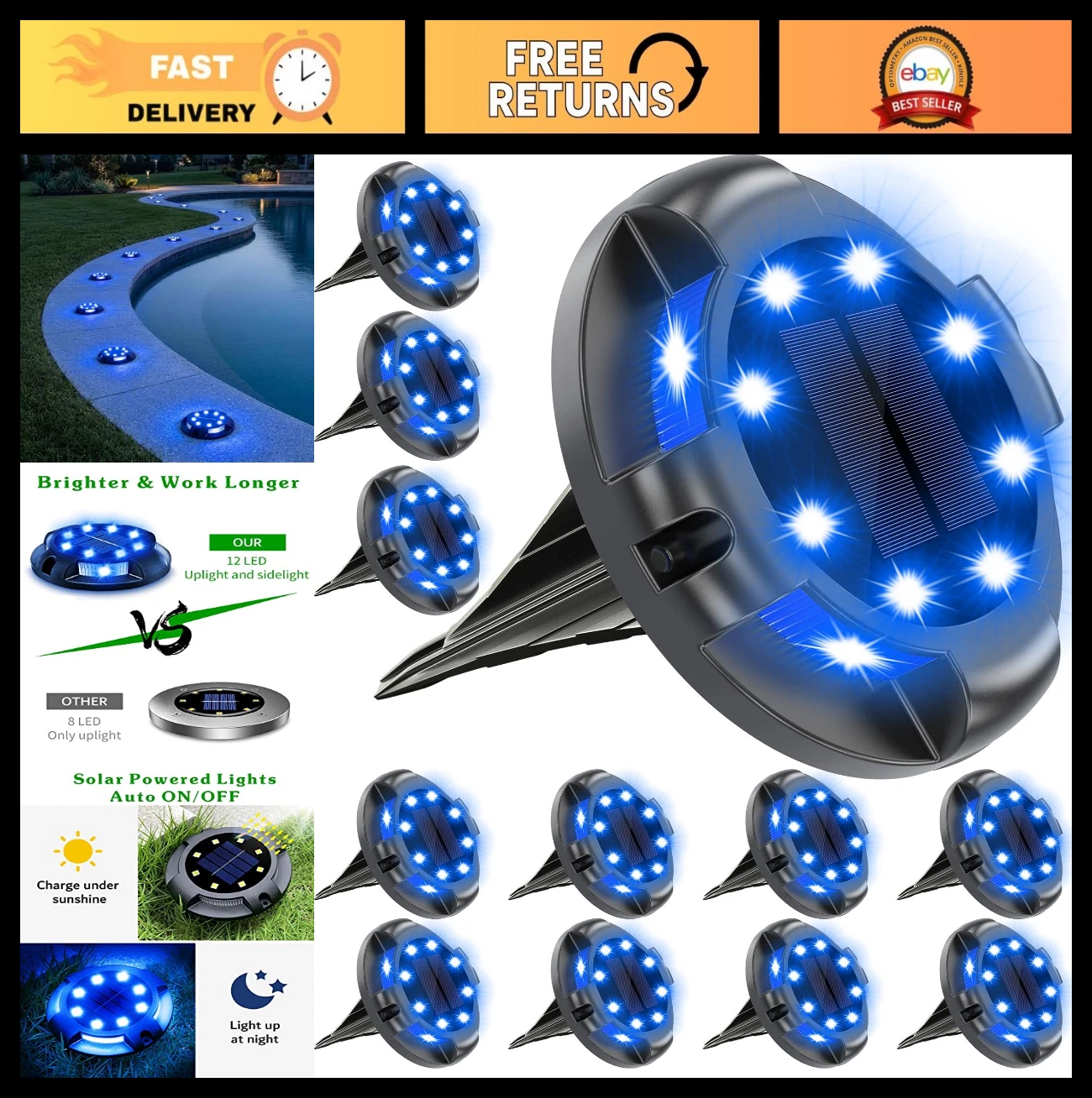 12 Pack Solar Pathway Lights - Waterproof Blue Uplights for Yard & Garden Decor