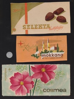 3 x nur Vorderseite von "mokkana Schokolade" Pralinen "Cosmea" / "Selekta"