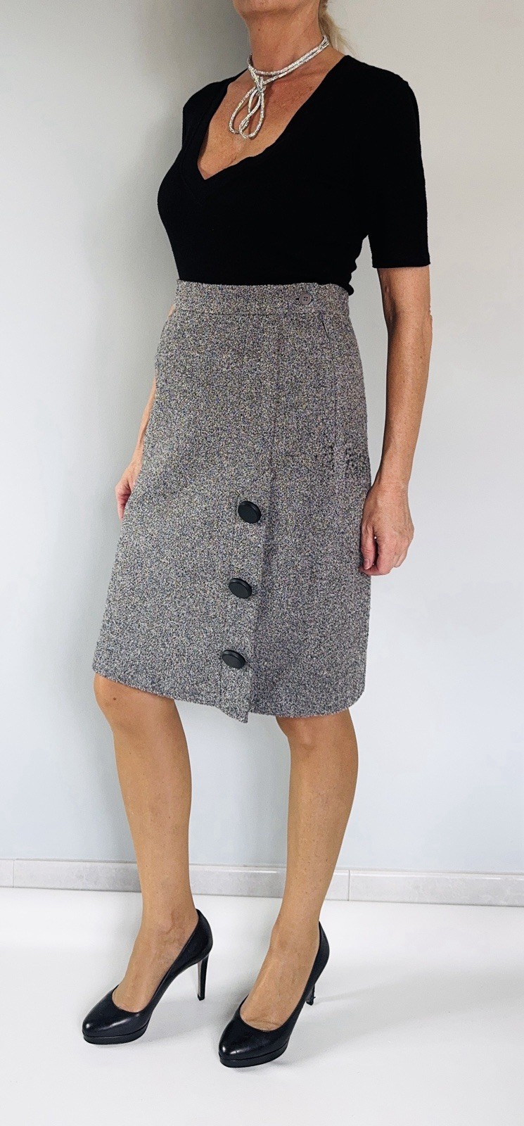 Jupe tweed bouclette gris YVES SAINT LAURENT Variation Vintage 1980s T. 42