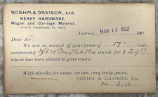 Postal C028 ROEHM & DAVISON Wagon & Carriage Hardware Detroit Michigan 1902