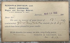 ROEHM & DAVISON Wagon & Carriage Hardware Detroit Michigan 1902 Postcard C028