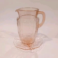 Vtg Pink Depression Glass Pitcher Ribbed Floral Etched Display Tray With Feet