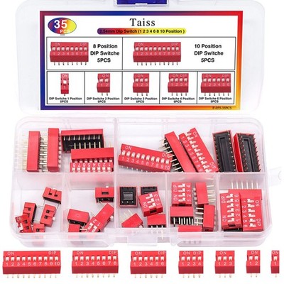 35 PCS Double Row DIP Switch Assorted Kit 2.54mm PCB Mountable Red Toggle