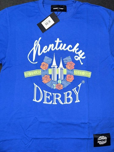 Camicia Homme Femme Kentucky Derby nuova con etichetta taglia media blu prezzo al dettaglio consigliato $85,00 150 anni Cele - Foto 3 di 8