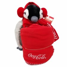 Coca Cola Gray Penguin Plush Stuffed Animal 14" Earmuffs Scarf Red Throw 2012