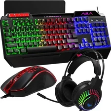 AULA Gaming Keyboard Mouse Headset and Mousepad Combo, Rainbow LED Backlit Ga...