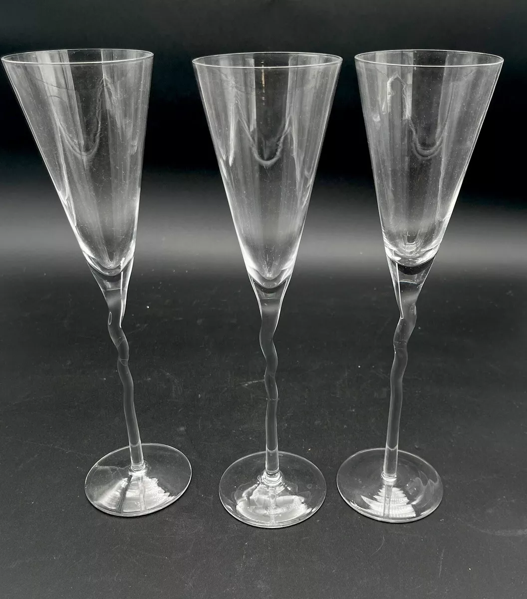 3 Vintage Rare Tall Glass Champagne Flutes Clear Wavy Stems 11.5 Tall