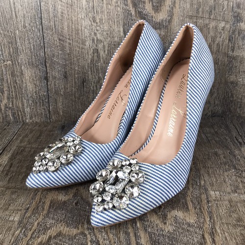 Lauren Lorraine Heels Womens 6.5 Blue White Striped Rita Rhinestone Broche Pumps - Picture 2 of 12