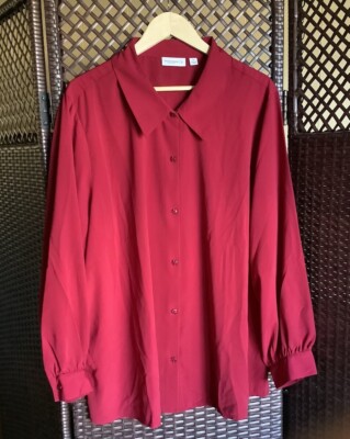 Susan Graver Blouse Plus Size 2X Plus Size Red Long Sleeve Button Front Collar