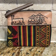 Coin Purse Leather Peru Tribal Striped Pattern Multicolor Llama Andes 4" x 5"