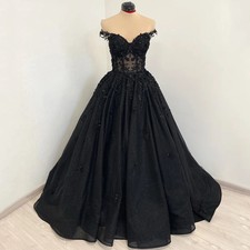 Black Off Shoulder Lace Applique Prom Dress Sparkle Tulle Ball Gown Evening Gown