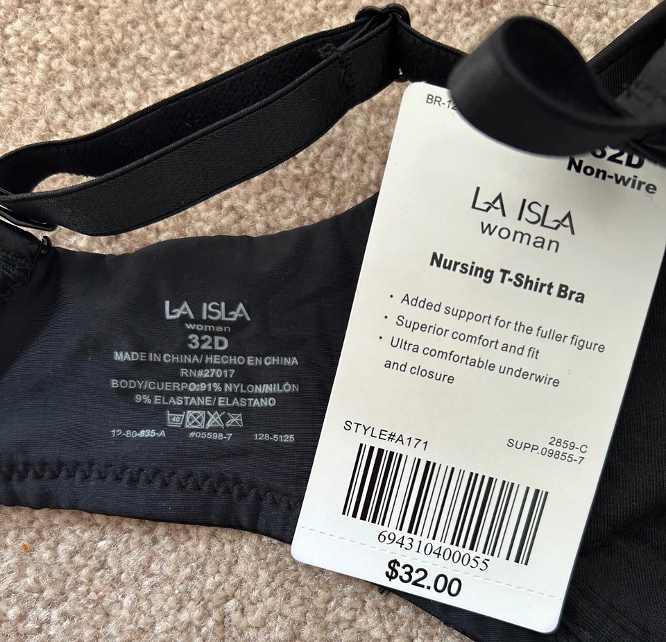 NWT! La Isla Black Non-Wire Nursing T-Shirt Bra, Size 32D - Image 3 of 3