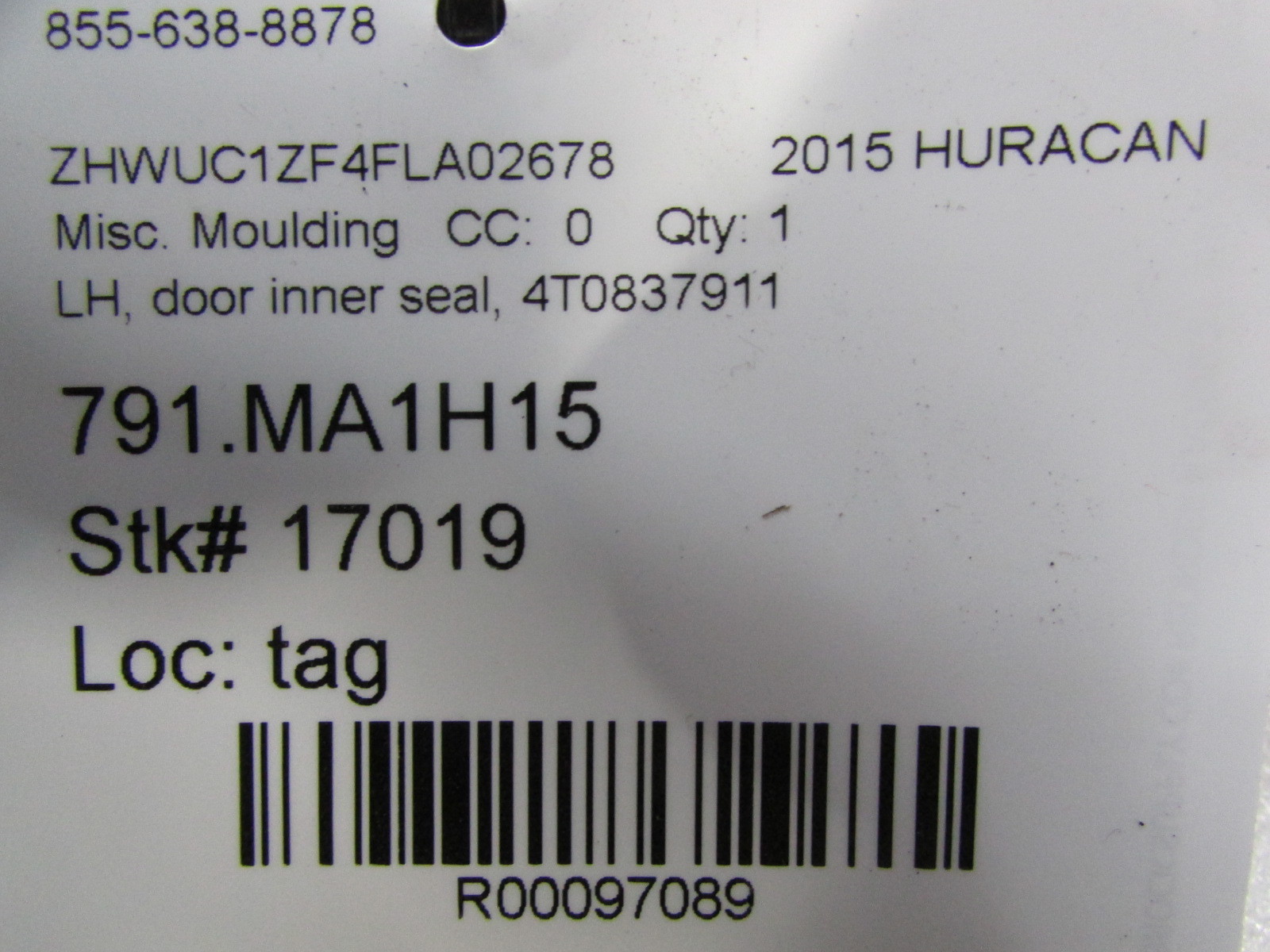 Lamborghini Huracan, LH, Left Door Inner Seal Moulding, Used, P/N 4T0837911