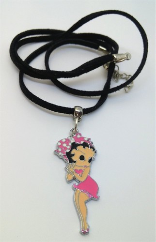 Betty Boop in Pink Charm on Black Suede Cord Necklace - Picture 2 of 3