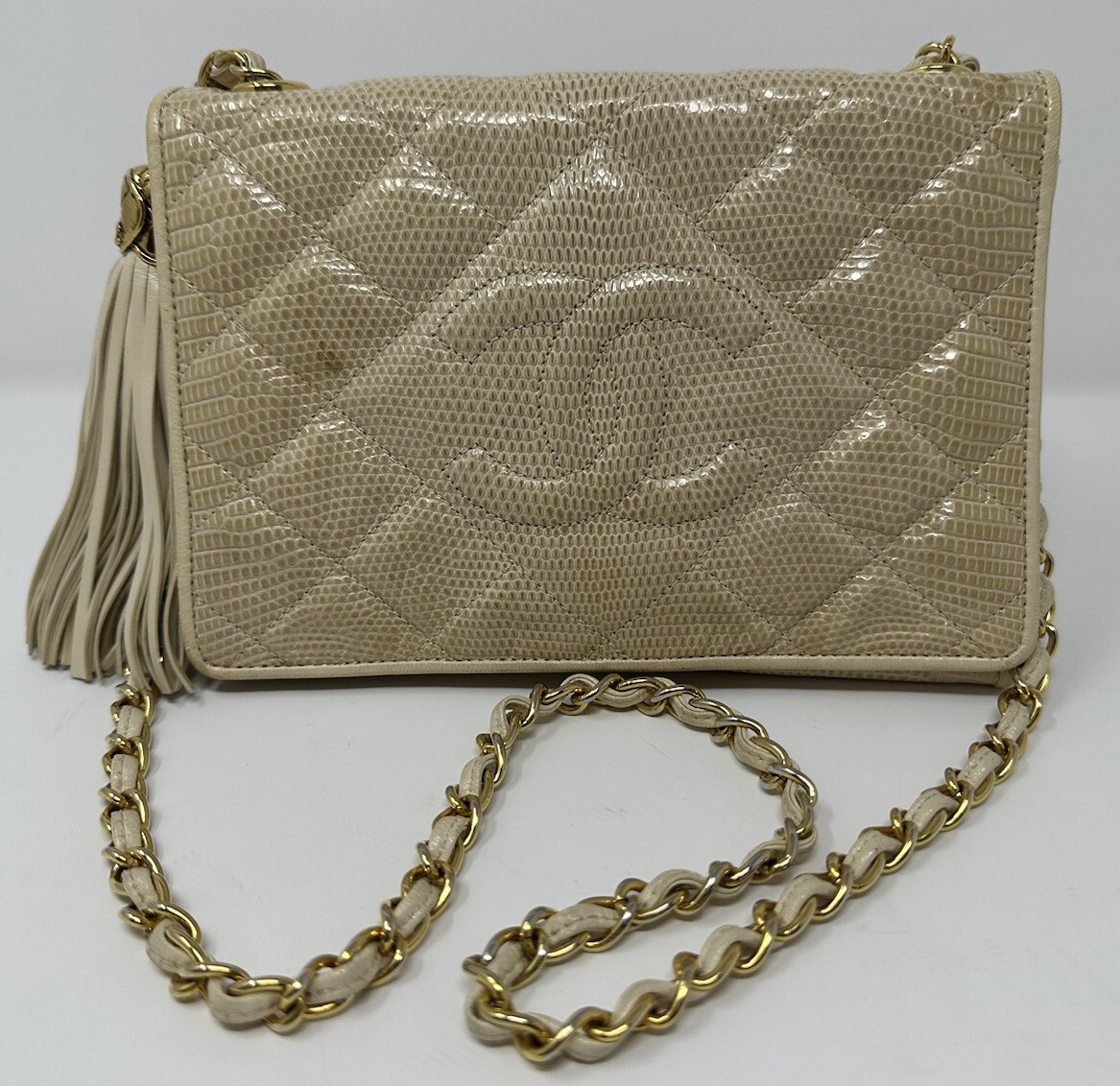Chanel vintage cream lizard small flap tassel bag with 24k