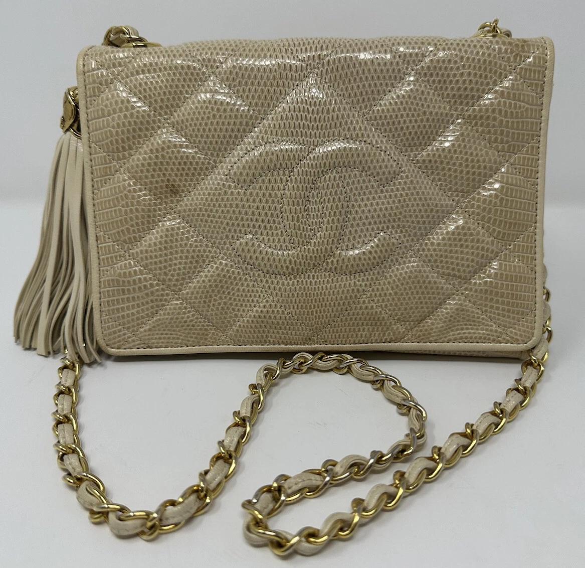 Chanel vintage cream lizard small flap tassel bag with 24k gold