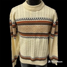 Vtg 60  s JCPenney Men Cream Rust KNIT Fair Isle NORDIC Winter Sweater L