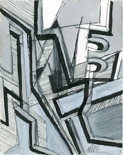 BALCONY STREET VIEW Abstract Modernist MIXED-MEDIA Watercolor Painting SIGNED