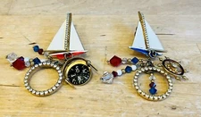Vtg  Lunch At The Ritz Earrings Ships Compass Red White And Blue 3”