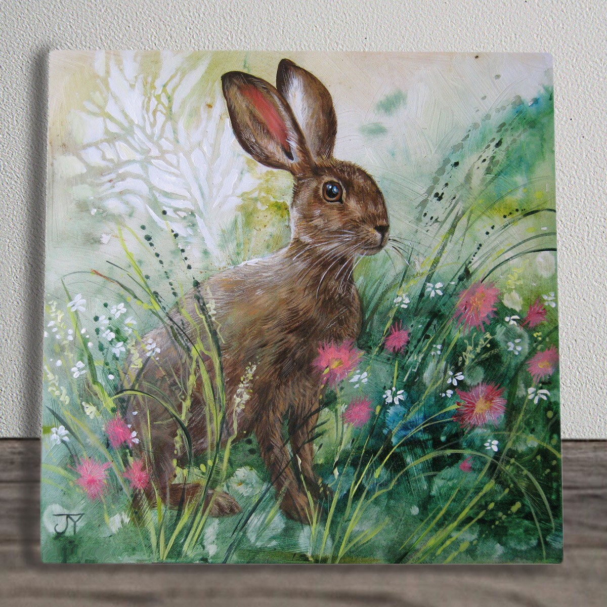 Hare Ceramic Tile Picture Plaque Sign Spring Flowers By Judith Yates 20x20cm