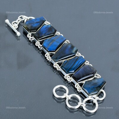 Sterling Silver Natural Labradorite Wedding Coffin Bezel Chain Bracelet Jewelry